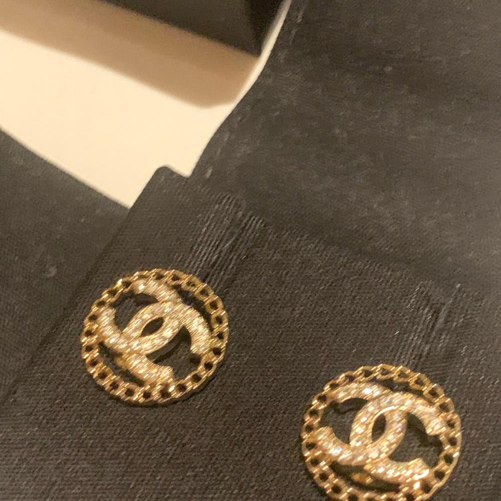 CHANEL authentic brand new Gold and Silver Logo Earrings with crystals , box